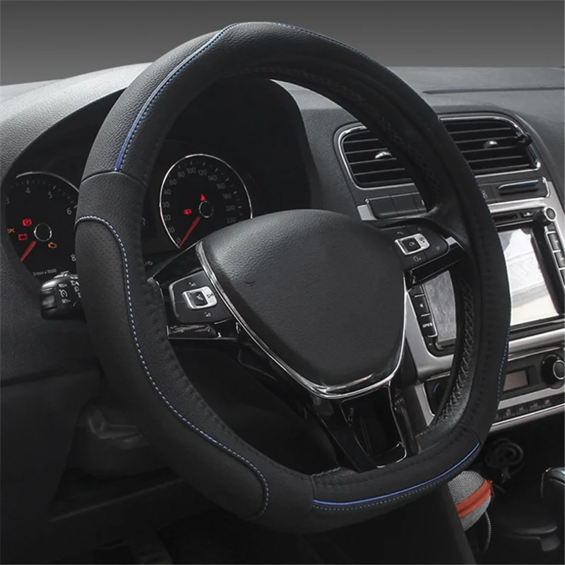 38cm D-shape Car Steering Wheel Cover Imitation Leather Anti-skid Steering Wheel Sleeve - Black+Blue Line