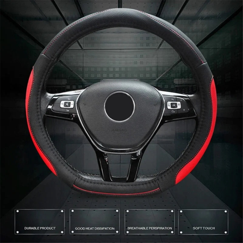 38cm D-shape Car Steering Wheel Cover Imitation Leather Anti-skid Steering Wheel Sleeve - Black+Blue Line