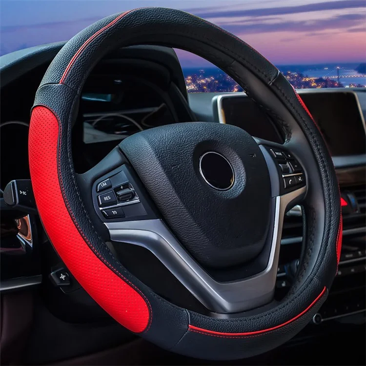 38 cm runder Lenkradüberzug für Autos, atmungsaktiv, aus Kunstleder - Schwarz+Rot