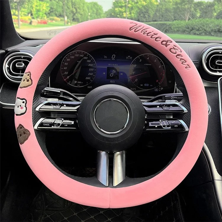 38cm Round Car Steering Wheel Cover Cartoon Bear Design Short Plush Warm Steering Wheel Sleeve - Pink