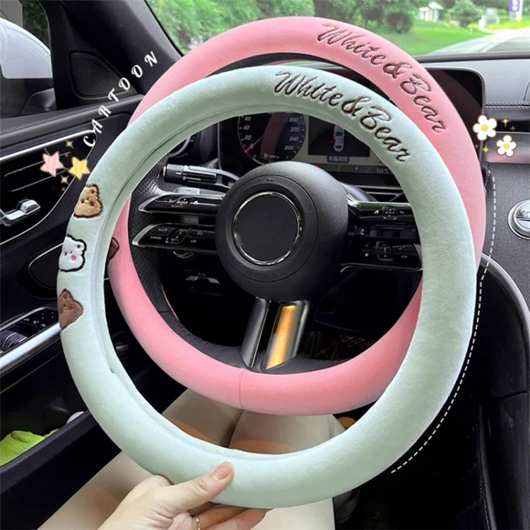 38cm Round Car Steering Wheel Cover Cartoon Bear Design Short Plush Warm Steering Wheel Sleeve - Pink