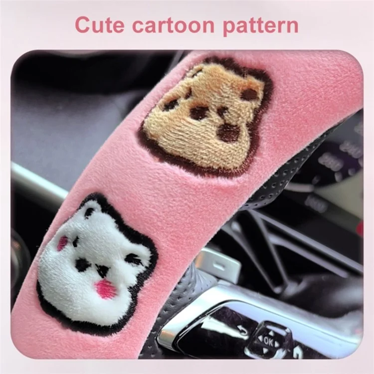 38cm Round Car Steering Wheel Cover Cartoon Bear Design Short Plush Warm Steering Wheel Sleeve - Pink