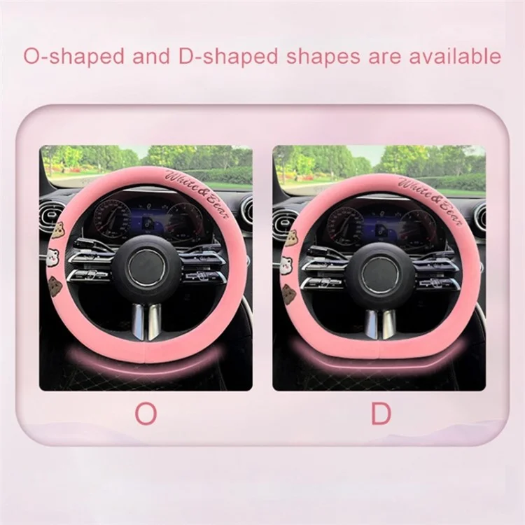 38cm Round Car Steering Wheel Cover Cartoon Bear Design Short Plush Warm Steering Wheel Sleeve - Pink