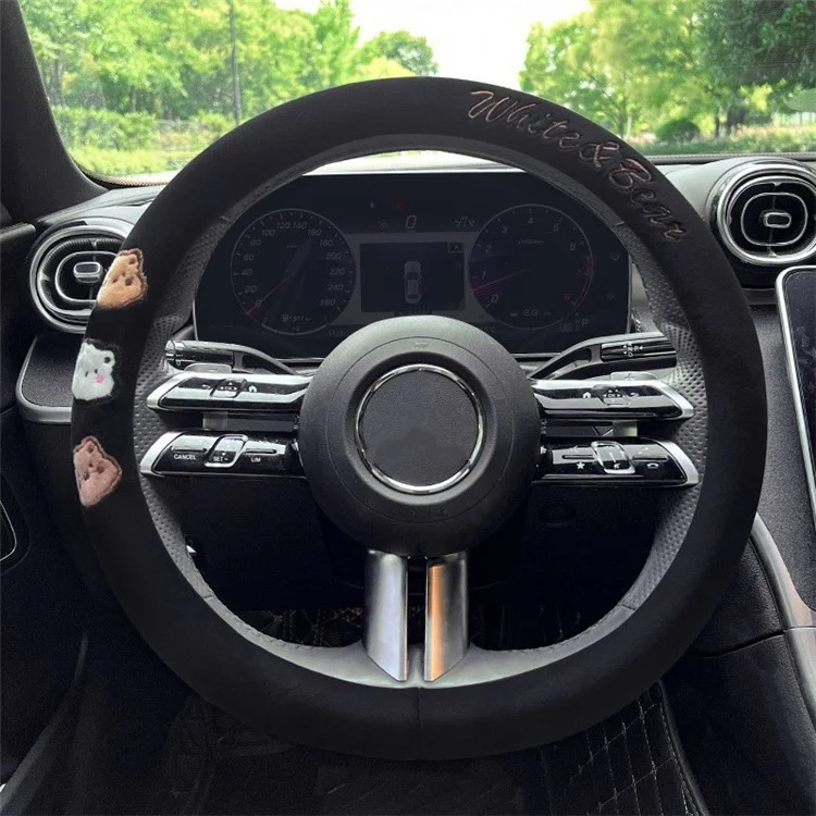 38cm Round Car Steering Wheel Cover Cartoon Bear Design Short Plush Warm Steering Wheel Sleeve - Black