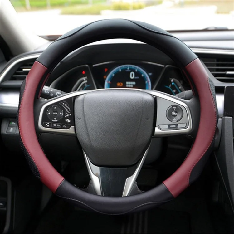 38cm Round Car Steering Wheel Cover Anti-skid Microfiber Leather Steering Wheel Sleeve - Black+Wine Red