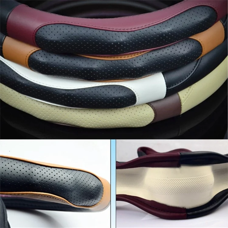 38cm Round Car Steering Wheel Cover Anti-skid Microfiber Leather Steering Wheel Sleeve - Black+Wine Red