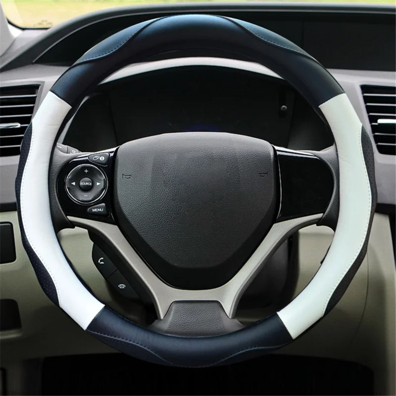 38cm Round Car Steering Wheel Cover Anti-skid Microfiber Leather Steering Wheel Sleeve - Black+White