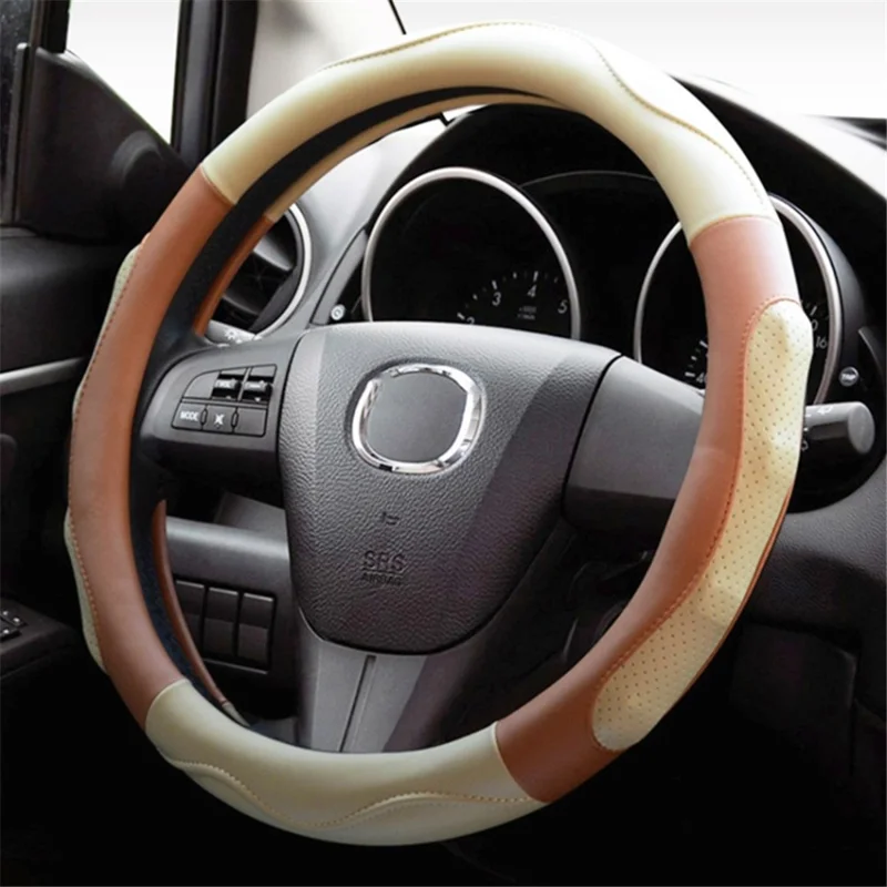 38cm Round Car Steering Wheel Cover Anti-skid Microfiber Leather Steering Wheel Sleeve - Black+White