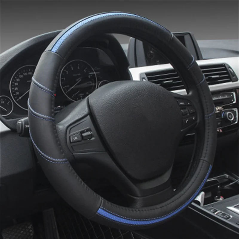 38cm Stylish Car Steering Wheel Cover Cowhide Leather Anti-skid Steering Wheel Sleeve - Black+Blue