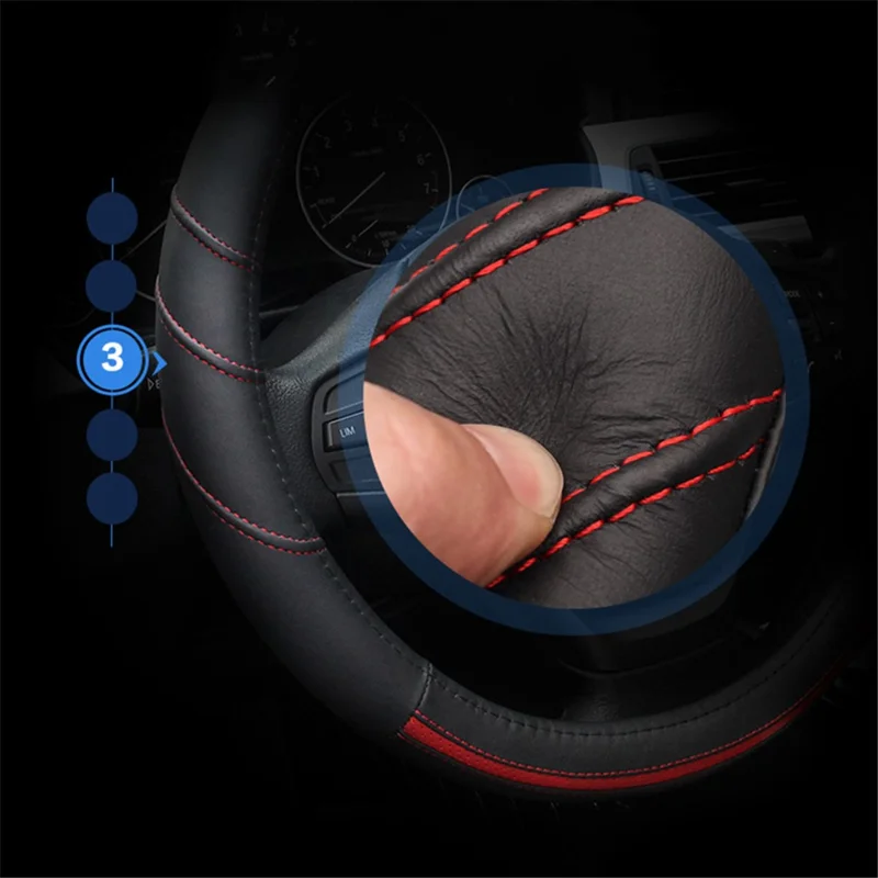 38cm Stylish Car Steering Wheel Cover Cowhide Leather Anti-skid Steering Wheel Sleeve - Black+Blue