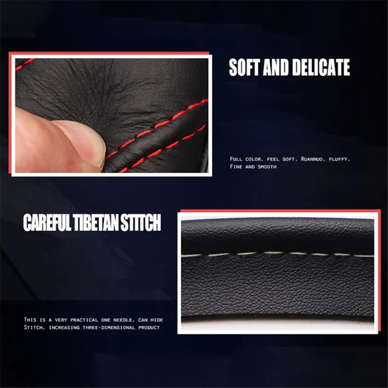 38cm Stylish Car Steering Wheel Cover Cowhide Leather Anti-skid Steering Wheel Sleeve - Black+Blue