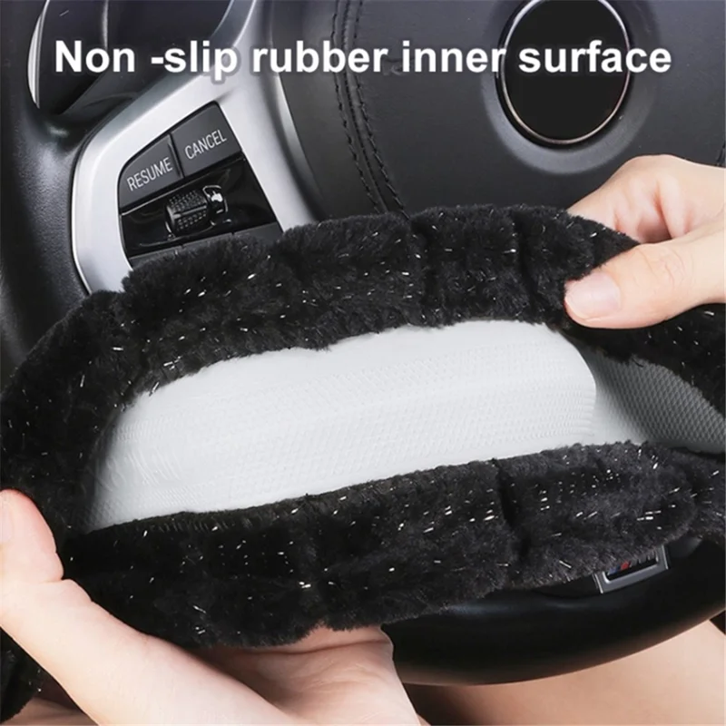 38cm D-shape Fluffy Steering Wheel Cover Short Plush Non-Slip Steering Wheel Protector - White