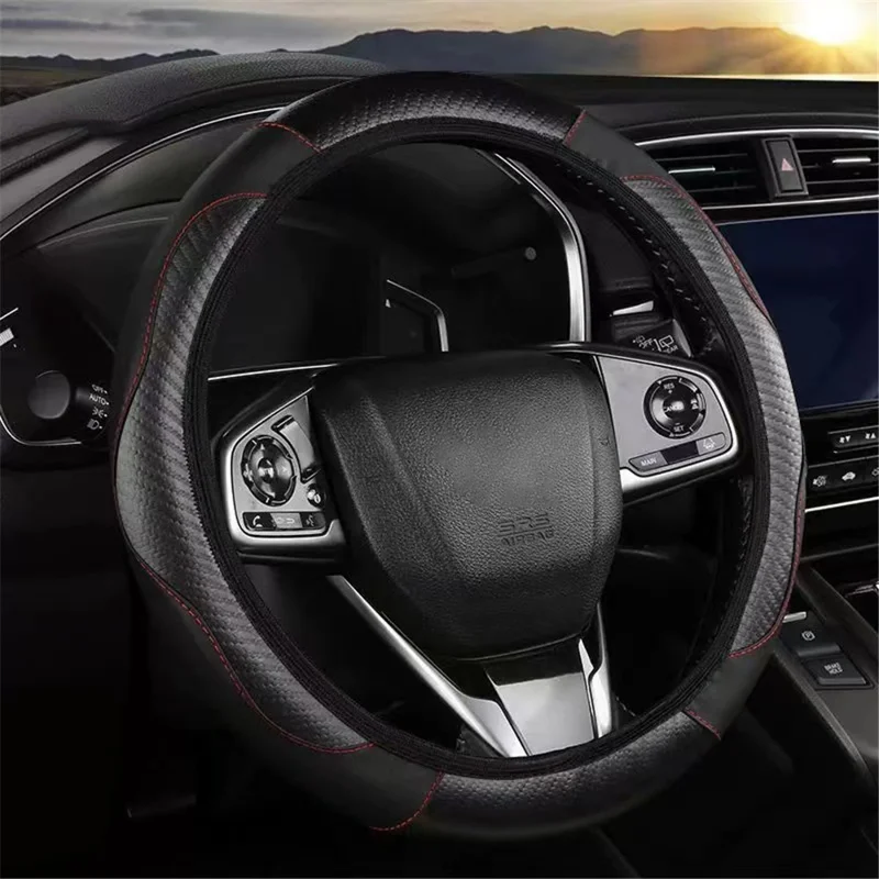 39cm Carbon Fiber Leather Steering Wheel Cover Anti-Slip Car Steering Wheel Protector - Black