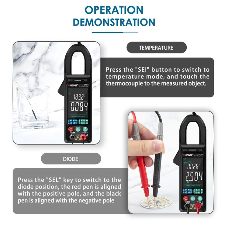 Aneng ST211 Big Color Screen Digital Clamp Meter Multitimetro 6000 Contes ac DC Tensione Tester - Nero