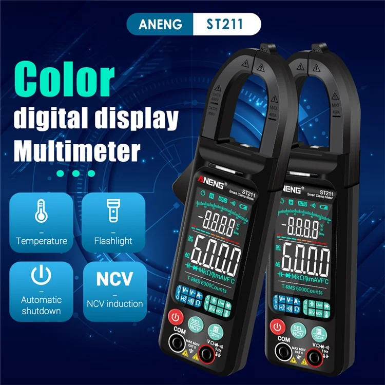 Aneng ST211 Big Color Screen Digital Clamp Meder Multímetro 6000 Conds ca cc Tester de Corriente de Voltaje - Negro