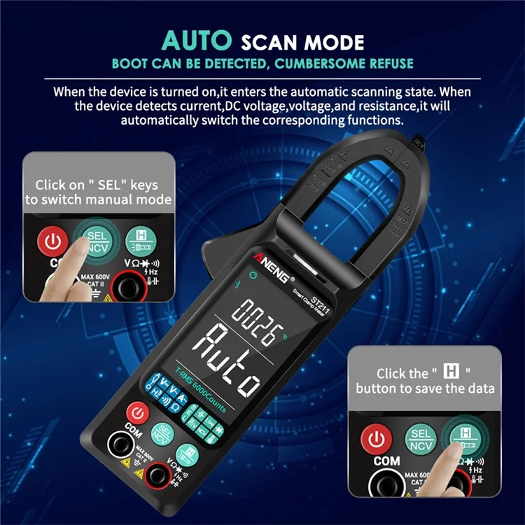 Aneng ST211 Big Color Screen Digital Plamp Meter Multimètre 6000 Count - le Noir