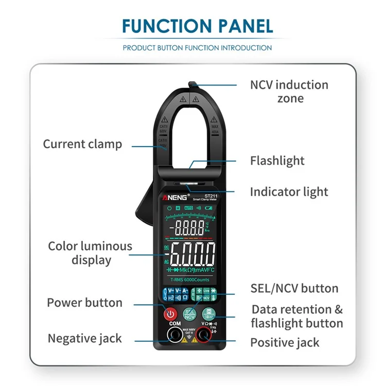 ANENG ST211 Big Color Screen Digital Clamp Meter Multimeter 6000 Counts AC DC Voltage Current Tester - Black