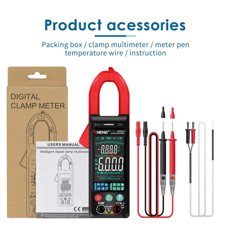 ANENG ST211 Multimetro digitale a pinza con schermo a colori grande 6000 conteggi Tensione CA/CC Corrente Tester - Rosso 
