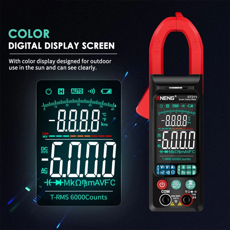 ANENG ST211 Multimetro digitale a pinza con schermo a colori grande 6000 conteggi Tensione CA/CC Corrente Tester - Rosso 