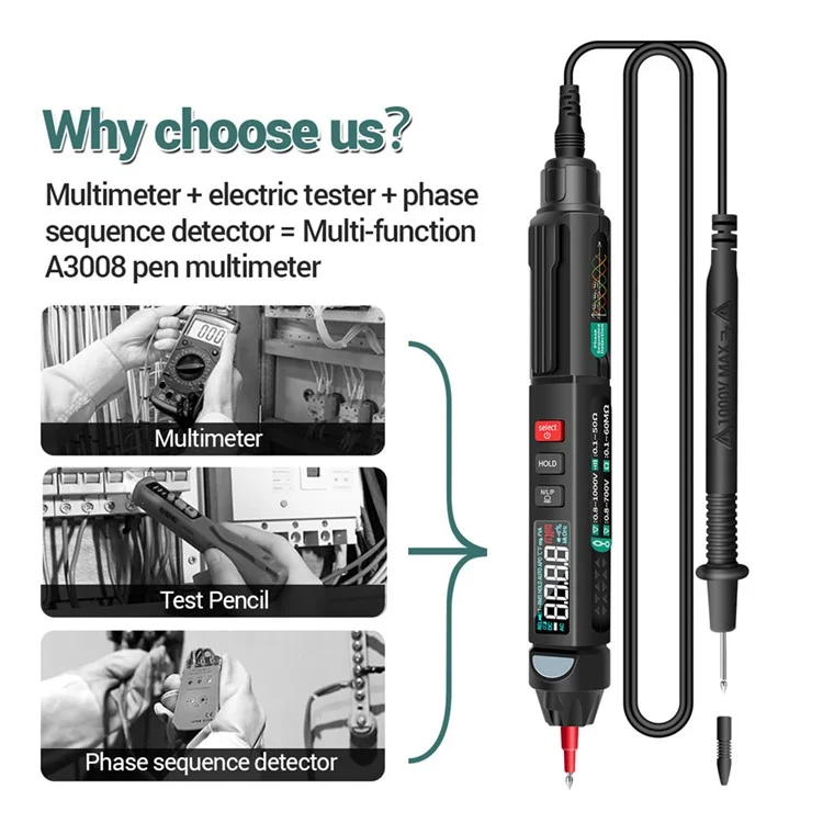 Aneng A3008 6000 Conta Del Contatore Non Contatto AC / DC Display LCD NCV Digital Multimeter Pen