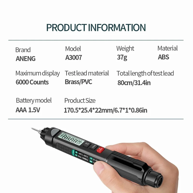 ANENG A3007 Smart Pen Type Multimeter with LCD Digital Display 6000 Counts Non-Contact AC/DC Voltage Resistance Test Tool