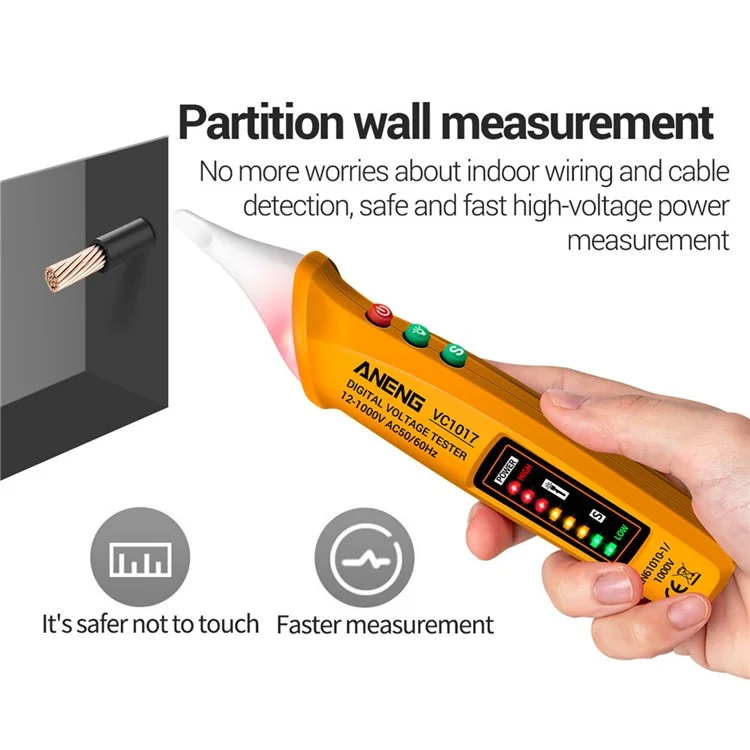 ANENG VC1017 Testeur de tension sans contact 12-1000V avec son et lumière, multimètre numérique AC - Jaune