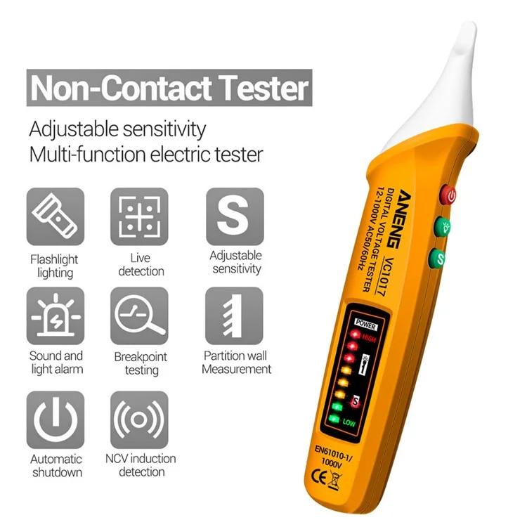 ANENG VC1017 Testeur de tension sans contact 12-1000V avec son et lumière, multimètre numérique AC - Jaune