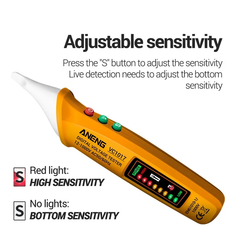 ANENG VC1017 Testeur de tension sans contact 12-1000V avec son et lumière, multimètre numérique AC - Jaune