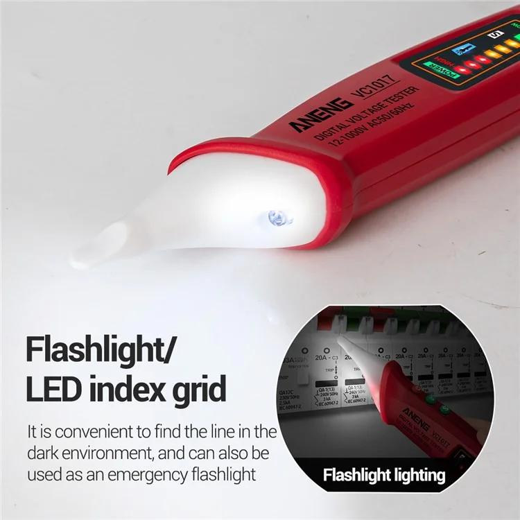 ANENG VC1017 12-1000V Non-contact Sound-light Tester Digital AC Voltage Meter Multimeter Pen - Rouge