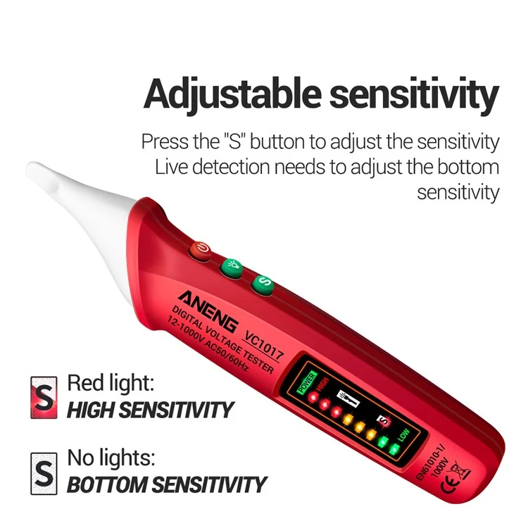 ANENG VC1017 12-1000V Non-contact Sound-light Tester Digital AC Voltage Meter Multimeter Pen - Rouge