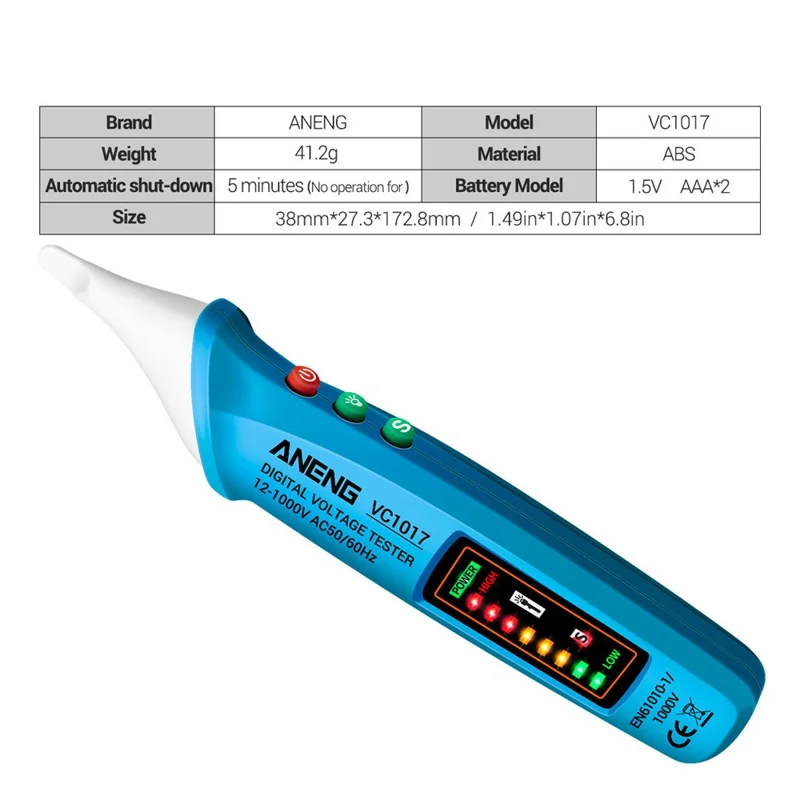 ANENG VC1017 12-1000V Non-contact Sound-light Tester Digital AC Voltage Meter Multimeter Pen - Blue