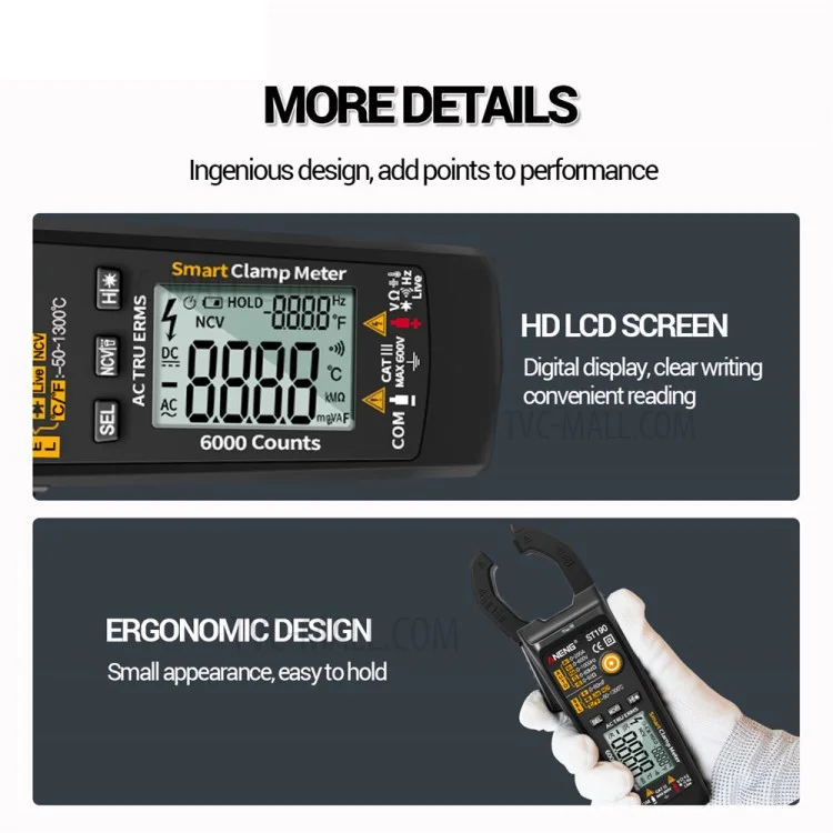 ANENG ST190 6000 Counts True RMS Digital Multimeter Clamp Current AMP Meter - Black