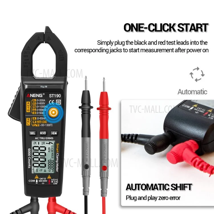 ANENG ST190 6000 Counts True RMS Digital Multimeter Clamp Current AMP Meter - Black