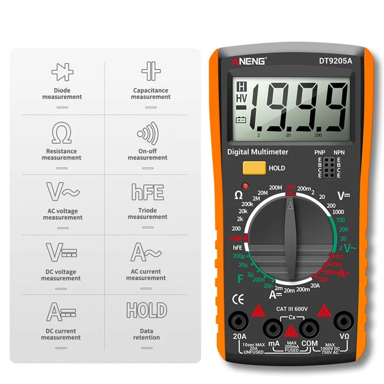 ANENG DT9205A Multifunktionaler HD Digital True RMS-Multimeter AC/DC-Spannungsmessgerät - Orange