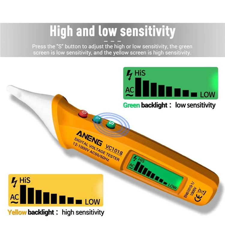 Aneng VC1018 12V-1000V Tester Eléctrico Sin Contacto Pen Pen Depector de Tensiones de Voltaje de ca Digital Con Pantalla LCD - Amarillo