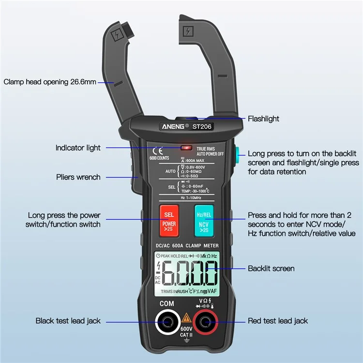 Anneng ST206 Digital Plamp Multimètre Power Metter 6000 Compte Tester de Tension de Courant ac / cc ac / cc - le Noir