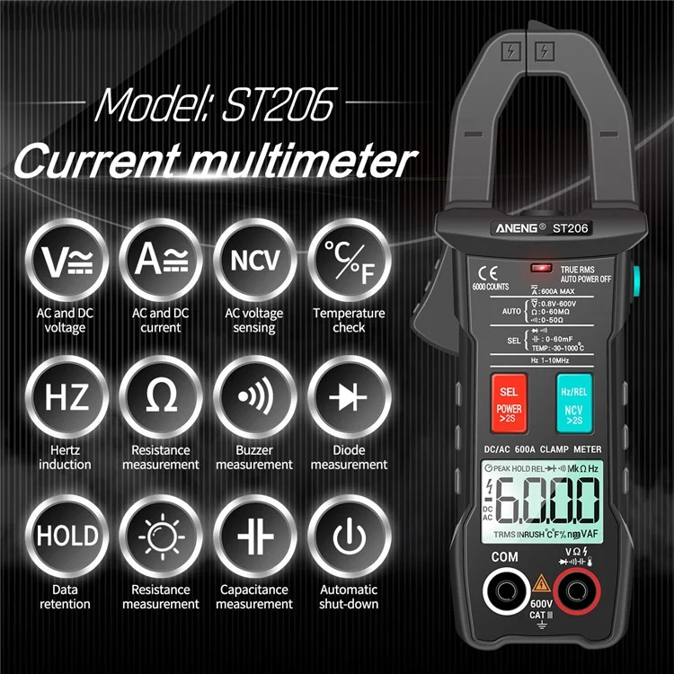 Anneng ST206 Digital Plamp Multimètre Power Metter 6000 Compte Tester de Tension de Courant ac / cc ac / cc - le Noir