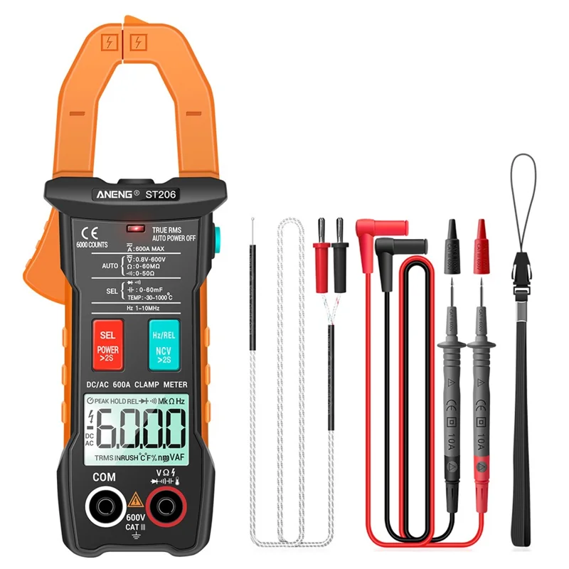ANENG ST206 Digitalt Tændingsmultimeter Strømmåler 6000 tællinger Automatisk Måleområde AC/DC Strøm Spænding Transistortester - Orange