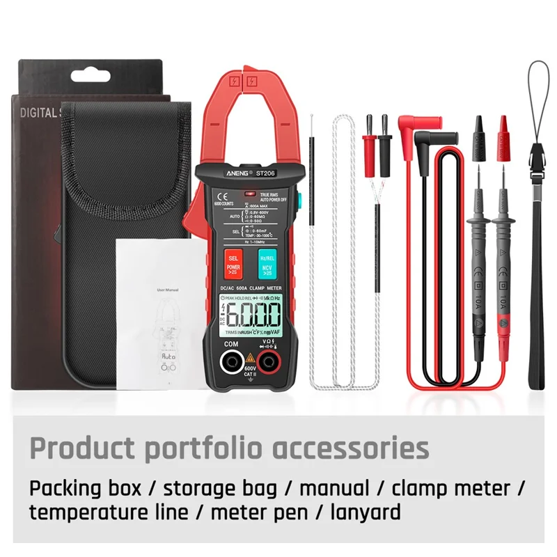 ANENG ST206 Digitalt Tændingsmultimeter Strømmåler 6000 Tællinger Automatisk Måleområde AC/DC Strøm Spænding Transistortester - Rød