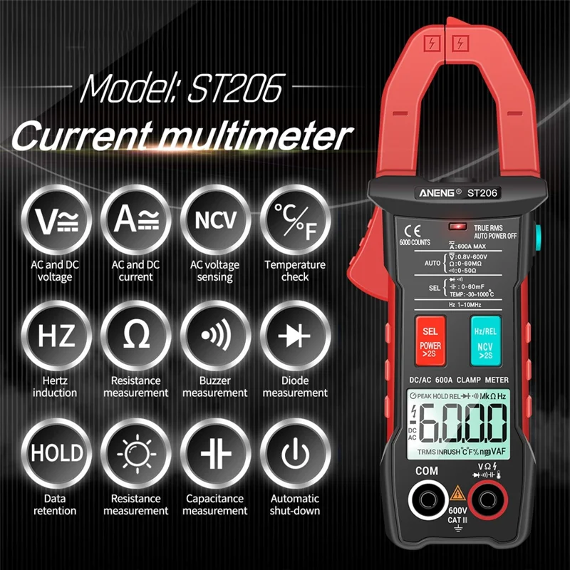 ANENG ST206 Digitalt Tændingsmultimeter Strømmåler 6000 Tællinger Automatisk Måleområde AC/DC Strøm Spænding Transistortester - Rød