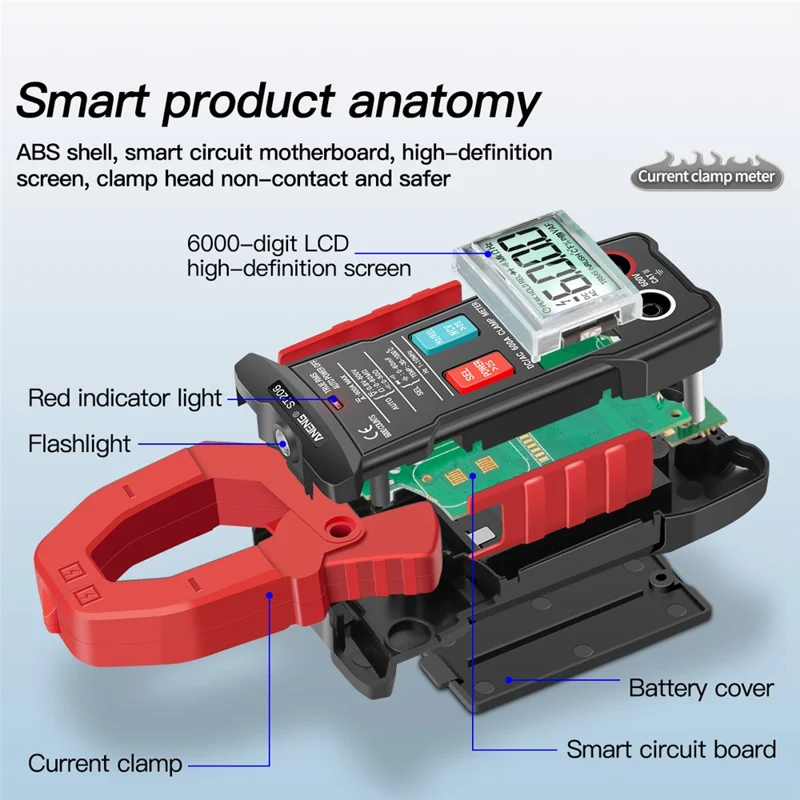 ANENG ST206 Digitalt Tændingsmultimeter Strømmåler 6000 Tællinger Automatisk Måleområde AC/DC Strøm Spænding Transistortester - Rød