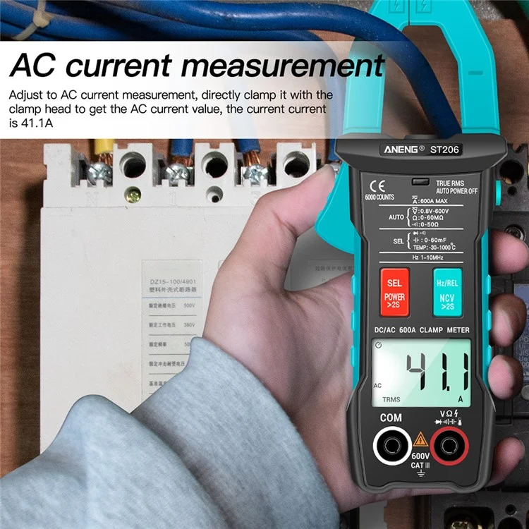 ANENG ST206 Digital Clamp Multimeter Power Meter 6000 Counts Auto Range AC/DC Current Voltage Transistor Tester - Blue