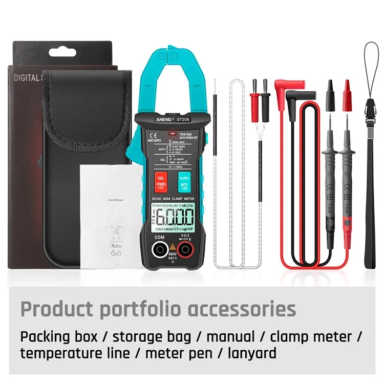 ANENG ST206 Digital Clamp Multimeter Power Meter 6000 Counts Auto Range AC/DC Current Voltage Transistor Tester - Blue