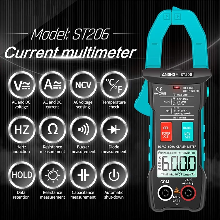 ANENG ST206 Digital Clamp Multimeter Power Meter 6000 Counts Auto Range AC/DC Current Voltage Transistor Tester - Blue