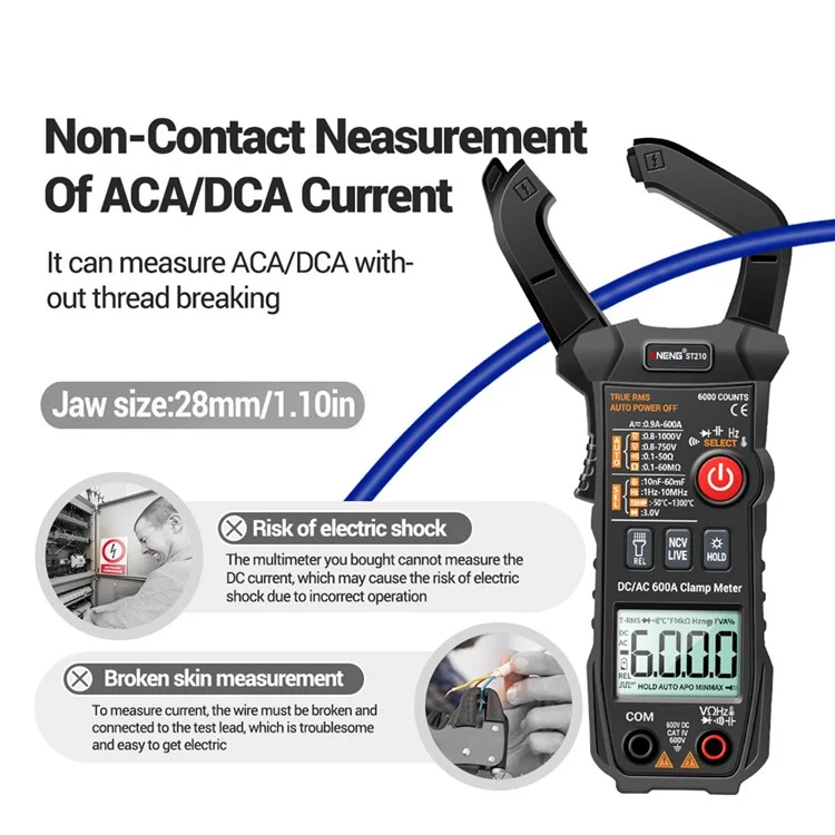 Aneng ST210 True RMS 6000 Zählt Professioneller Smart Clamp Multimeter DC/AC 600A Auto Digitalmesser Strom Tester - Schwarz