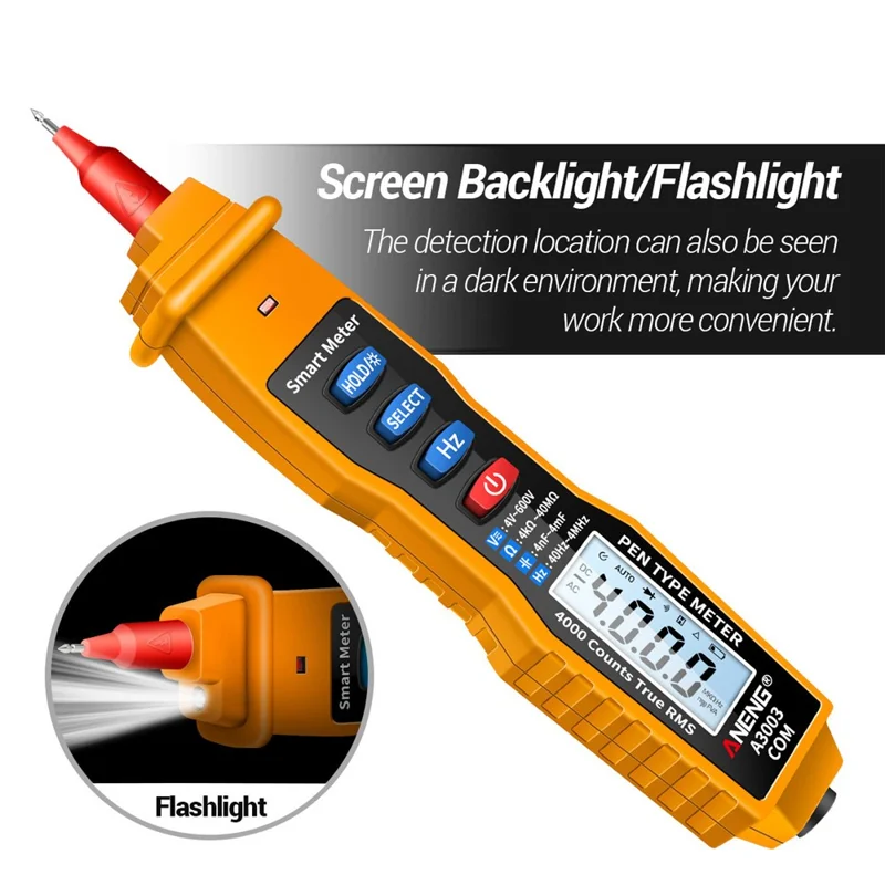 ANENG A3003 Digital Pen Auto Multimeter 4000 Counts Smart Meter with NCV AC/DC Voltage Resistance Capacitance Tester - Yellow