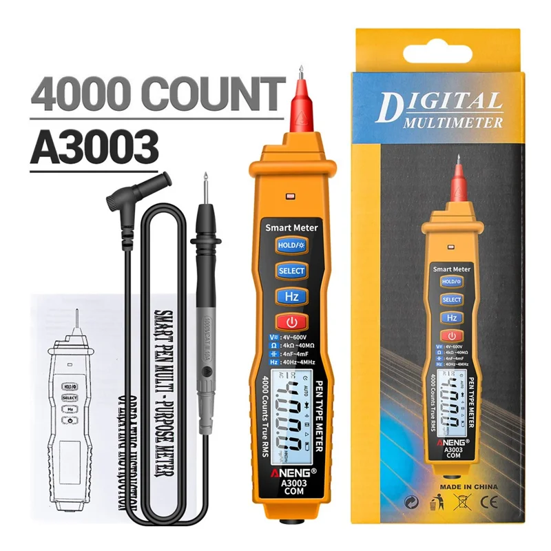 ANENG A3003 Digital Pen Auto Multimeter 4000 Counts Smart Meter with NCV AC/DC Voltage Resistance Capacitance Tester - Yellow