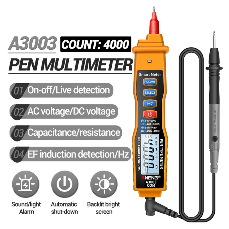 ANENG A3003 Digital Pen Auto Multimeter 4000 Counts Smart Meter with NCV AC/DC Voltage Resistance Capacitance Tester - Yellow