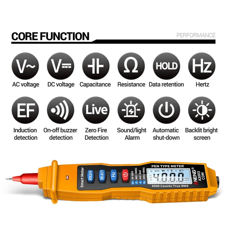 ANENG A3003 Digital Pen Auto Multimeter 4000 Counts Smart Meter with NCV AC/DC Voltage Resistance Capacitance Tester - Yellow