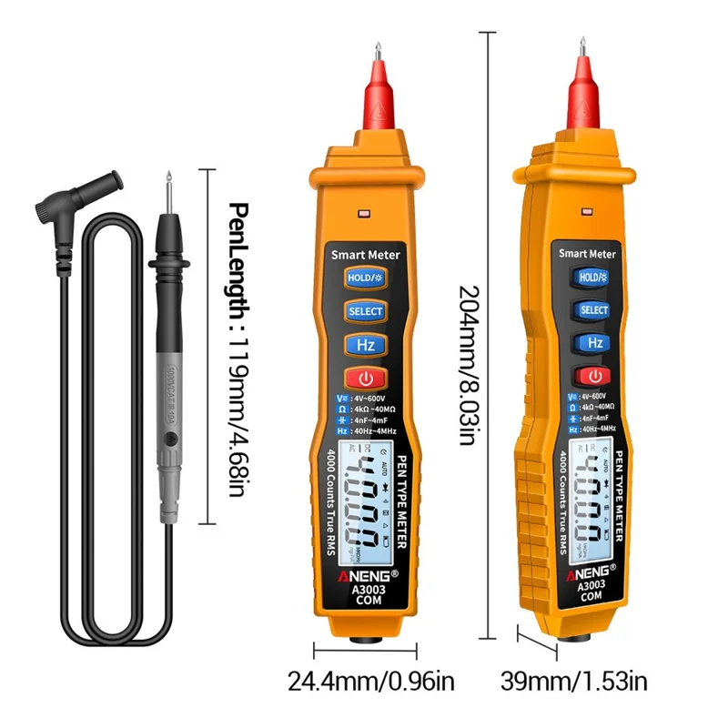 ANENG A3003 Digital Pen Auto Multimeter 4000 Counts Smart Meter with NCV AC/DC Voltage Resistance Capacitance Tester - Yellow
